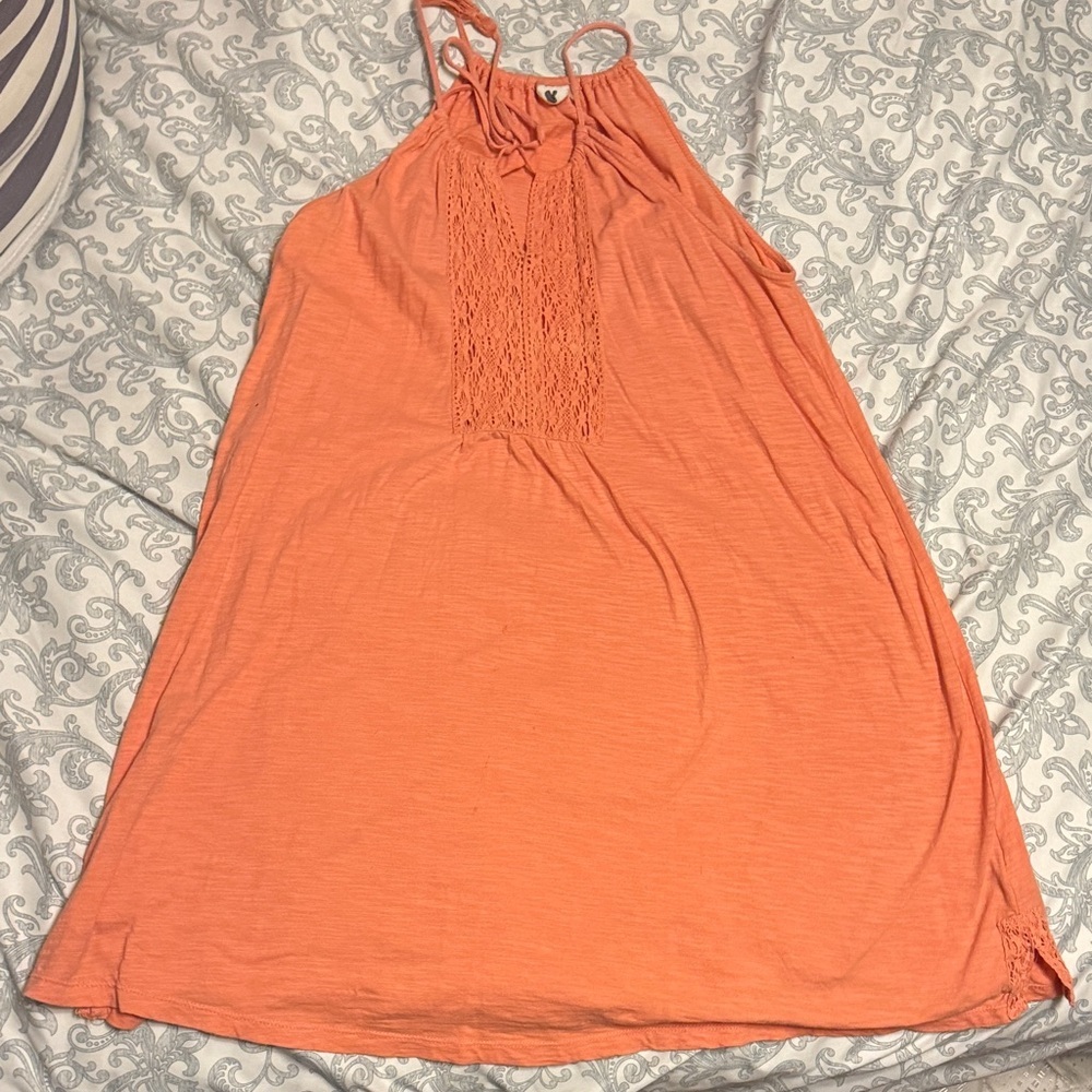 Chic Coral Orange Halter Dress with Crochet Detail